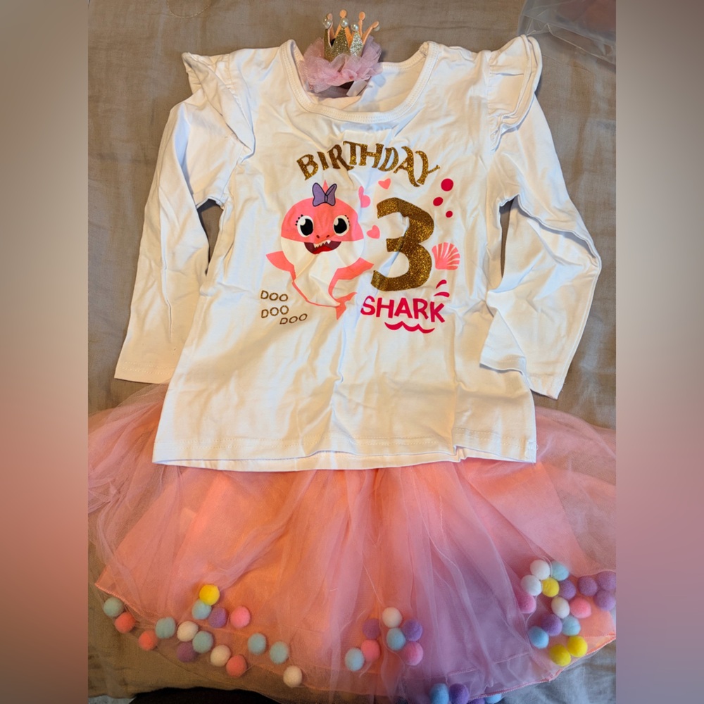 Birthday Shark Long Sleeve Shirt and Tulle Skirt Set